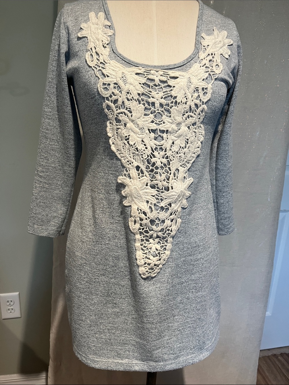 Heather Gray Tunic Dress with Ivory Crochet Applique